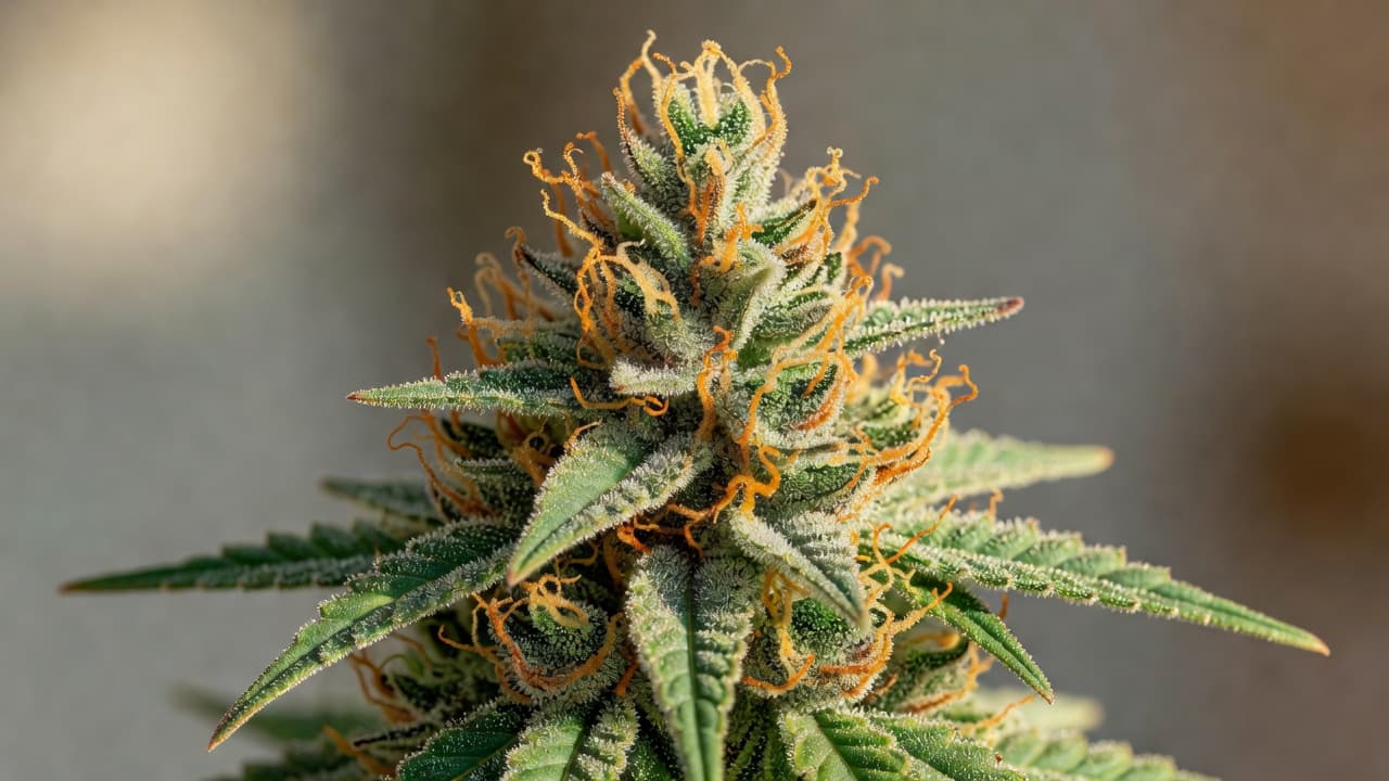 A close-up view of a vibrant cannabis bud reveals sticky resin glands and glowing trichomes. The intricate texture displays deep forest green hues highlighted by brilliant amber and crystalline structures.