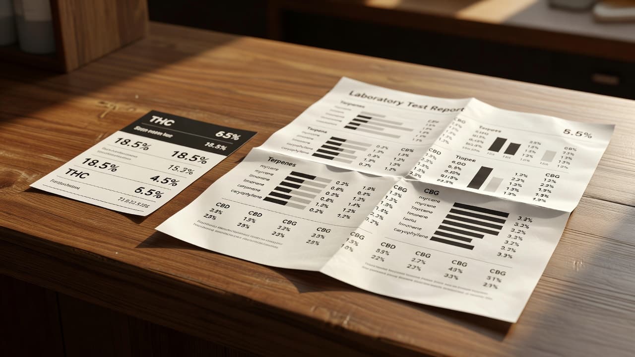 A printed cannabis lab test report on a wooden counter with warm ambient lighting.