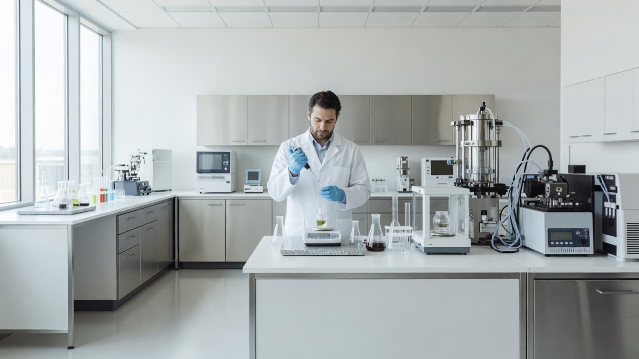 A scientist works with professional equipment inside a clean white testing laboratory.