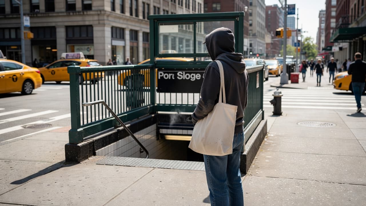 A traveler stands near the metal stairs of a bustling New York City subway station during the daytime. A large canvas bag hangs from their shoulder as city architecture surrounds them.