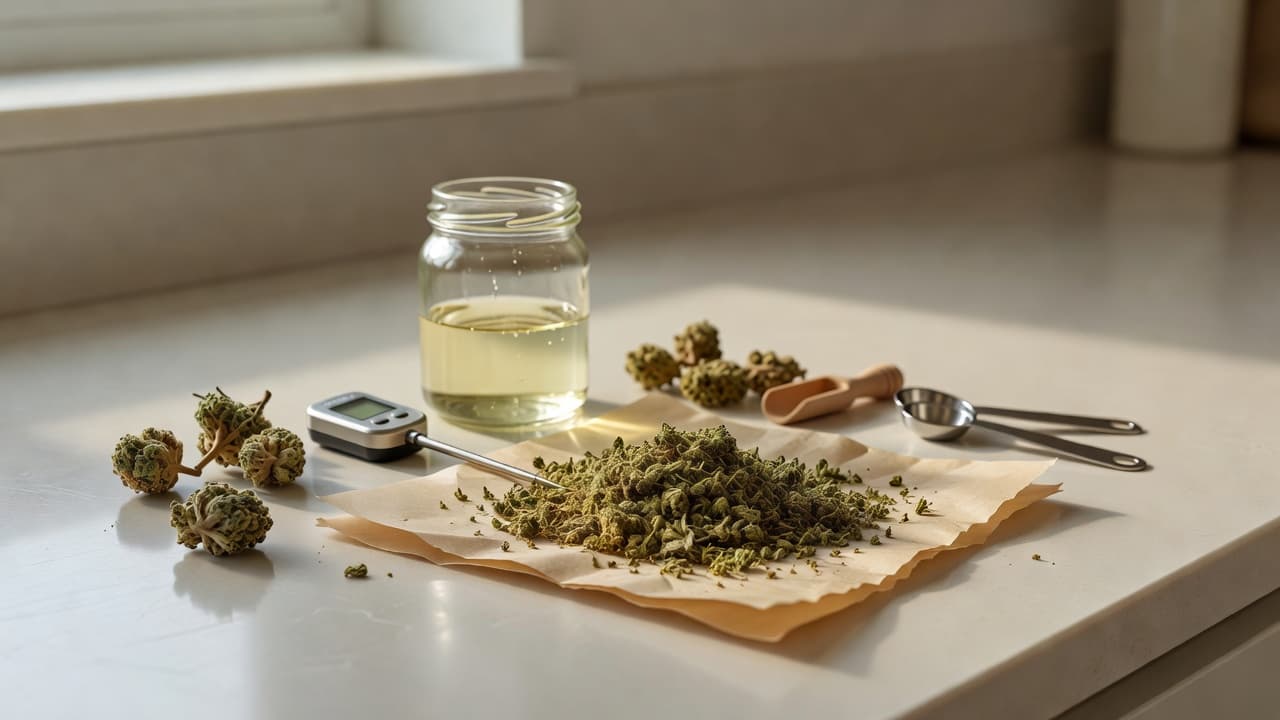 A digital thermometer and glass jar sit on a kitchen counter with ingredients for an infusion.