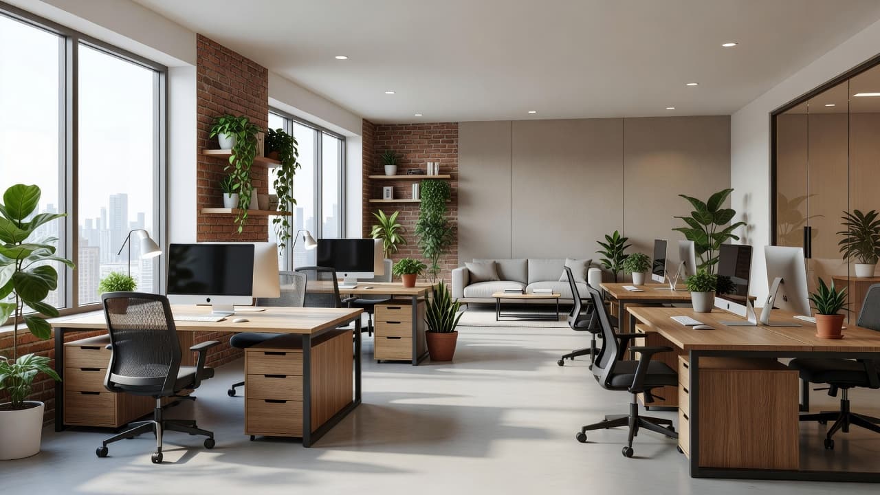 A minimalist professional office area features ergonomic wood desks surrounded by lush green floor plants. Large glass windows allow soft natural light to illuminate the collaborative space and clean interior design.