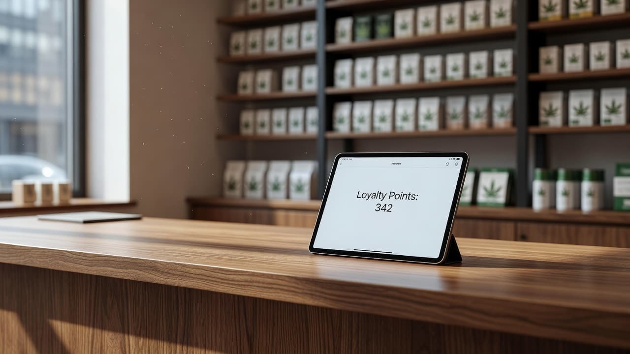 A sleek wooden service counter features a tablet displaying a clean digital rewards interface. Shelves containing various retail products sit softly out of focus in the bright, sunlit dispensary background.