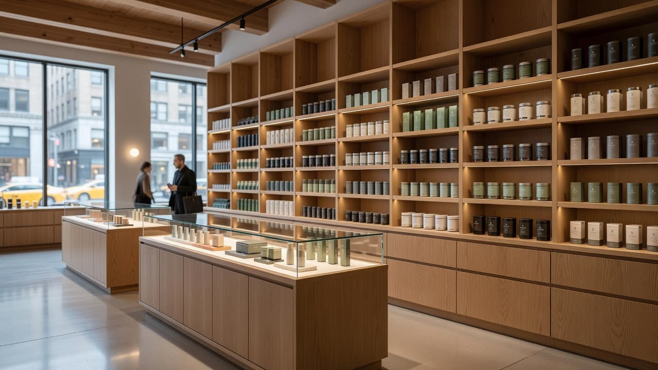 An upscale retail dispensary interior with wooden shelves and professional display cases.
