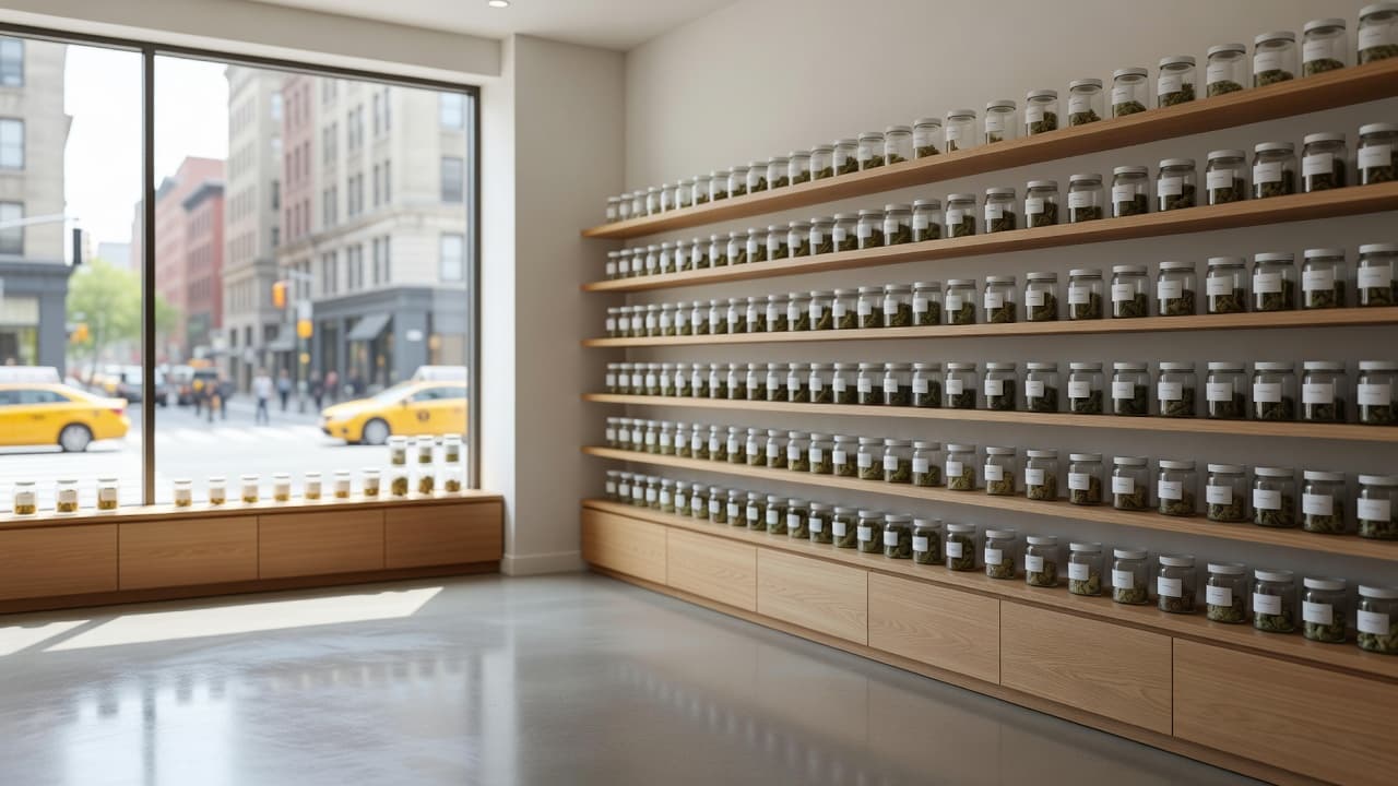 Minimalist wooden shelves line the walls of a professional cannabis shop, holding clean jars on polished concrete floors. Natural light pours through a large window, illuminating the orderly, quiet space.