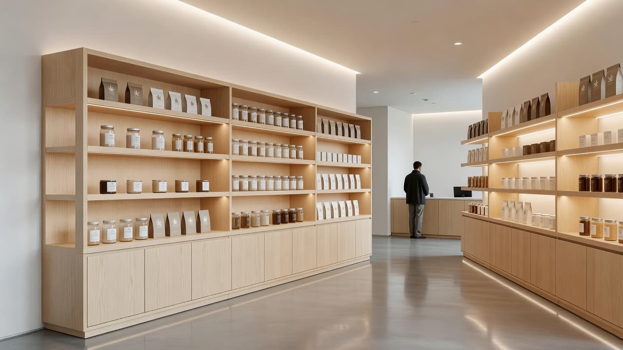 A bright cannabis dispensary featuring clean wooden shelving and subtle lighting.