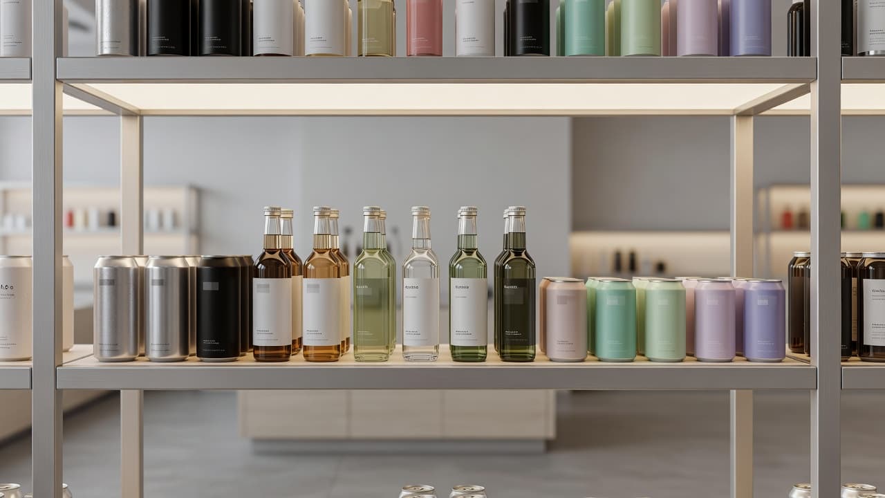 A curated collection of cannabis-infused drinks stands on a sleek illuminated retail shelf. These colorful bottles and slim cans are carefully aligned to showcase a professional, upscale medicinal product selection.
