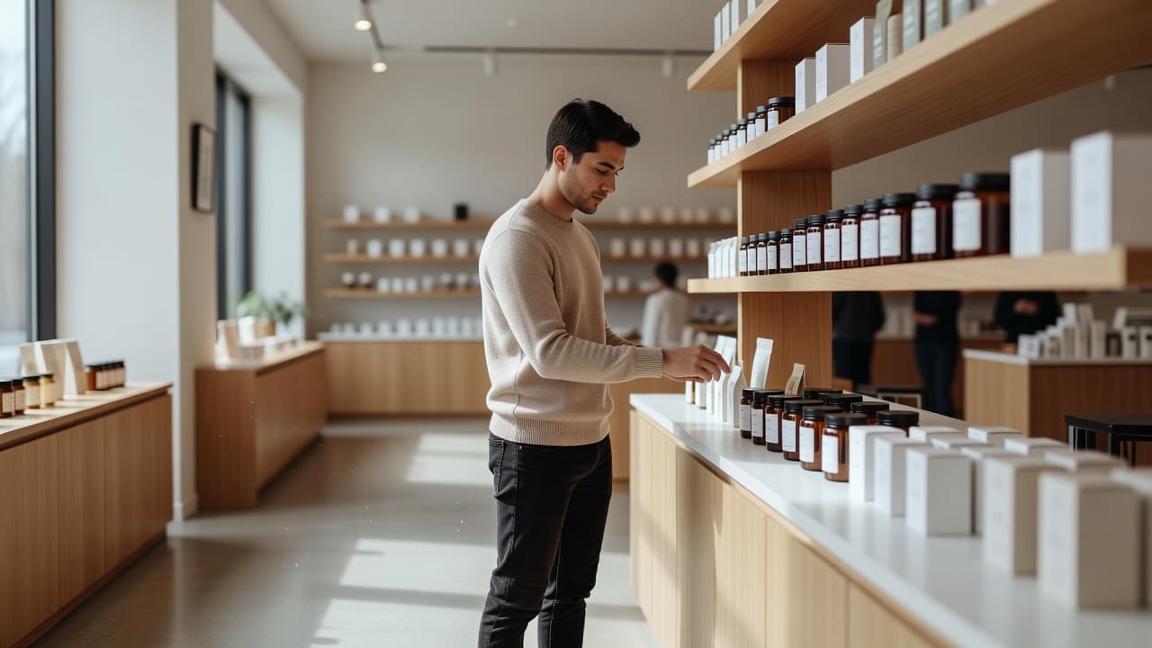 A customer stands in a sunlit, minimalist shop browsing premium products displayed on sleek wooden shelves. The warm lighting creates an inviting, professional atmosphere with a soft, blurred background focus.