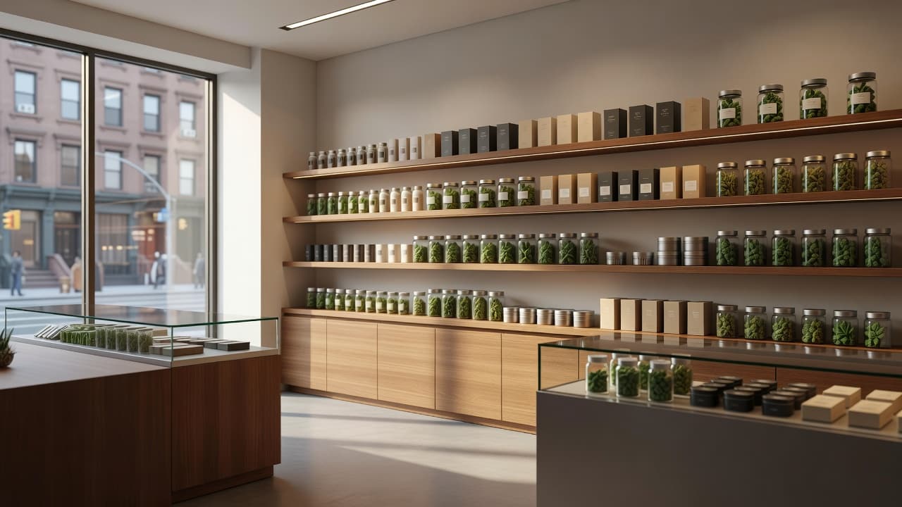 Professional retail shelves displaying cannabis products in a bright, modern storefront.