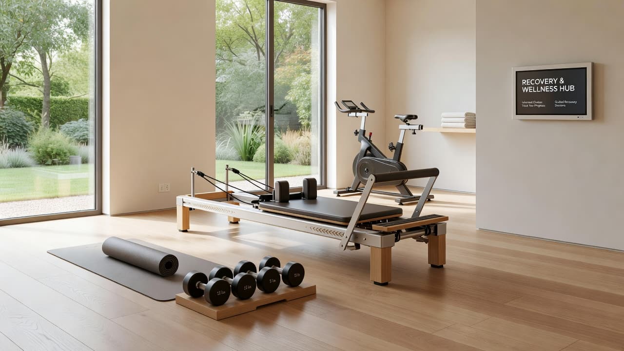 A clean and modern fitness studio with wooden floors and gym equipment under soft lighting.