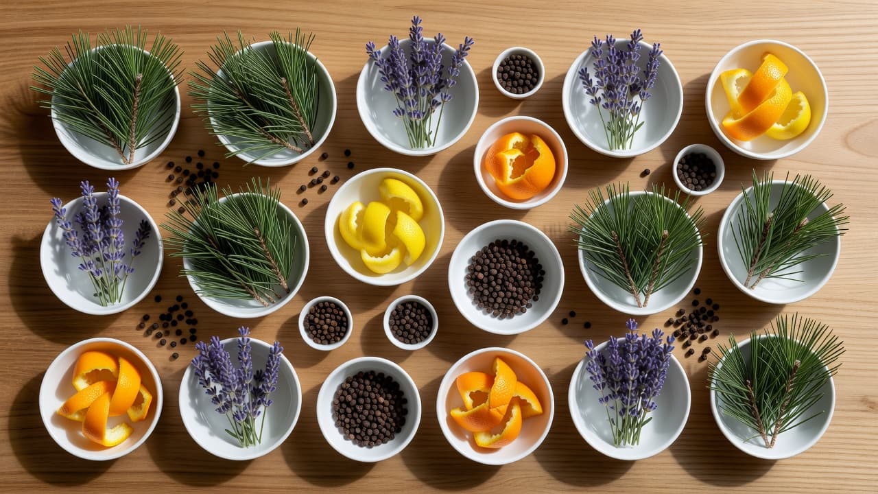 Top-down view of modern ceramic bowls containing dried lavender, fresh citrus peels, pine needles, and whole black peppercorns. These organic ingredients are arranged neatly on a polished wooden surface under bright lighting.