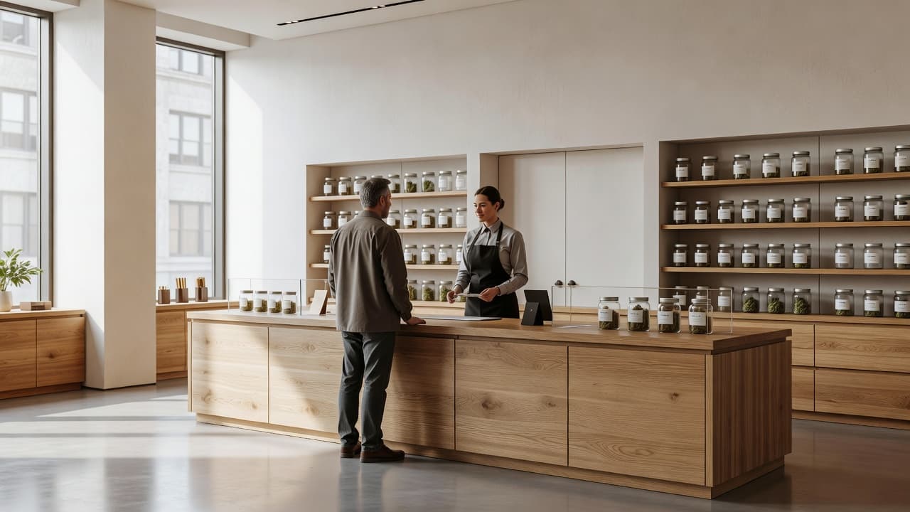 A professional staff member helps customers at the wooden counter of a bright New York cannabis dispensary.