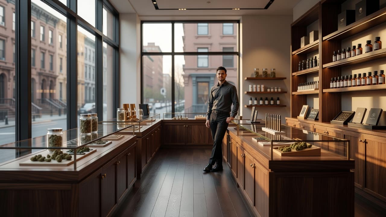 A staff member stands inside a modern, wood-accented cannabis dispensary in New York.