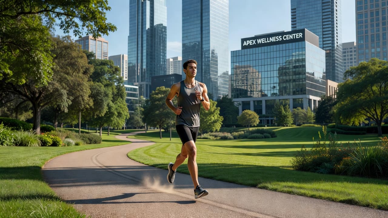 A person jogging along a park path with modern city buildings in the background.