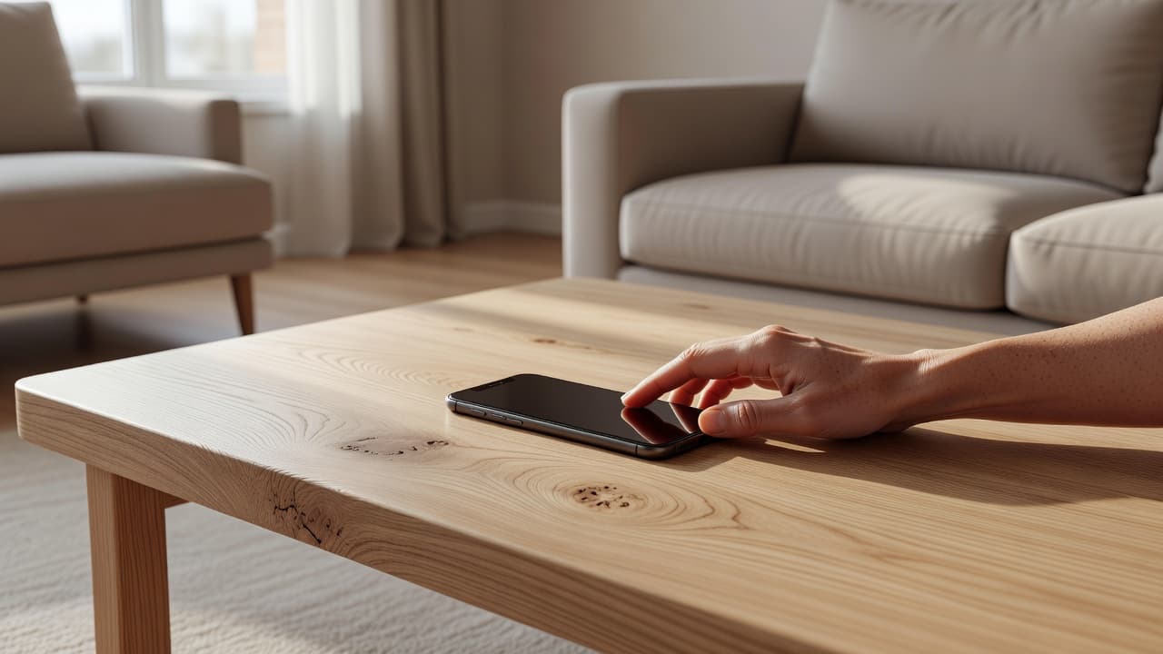 An adult hand resting on a clean wooden table next to a smartphone in a bright, sunlit room.