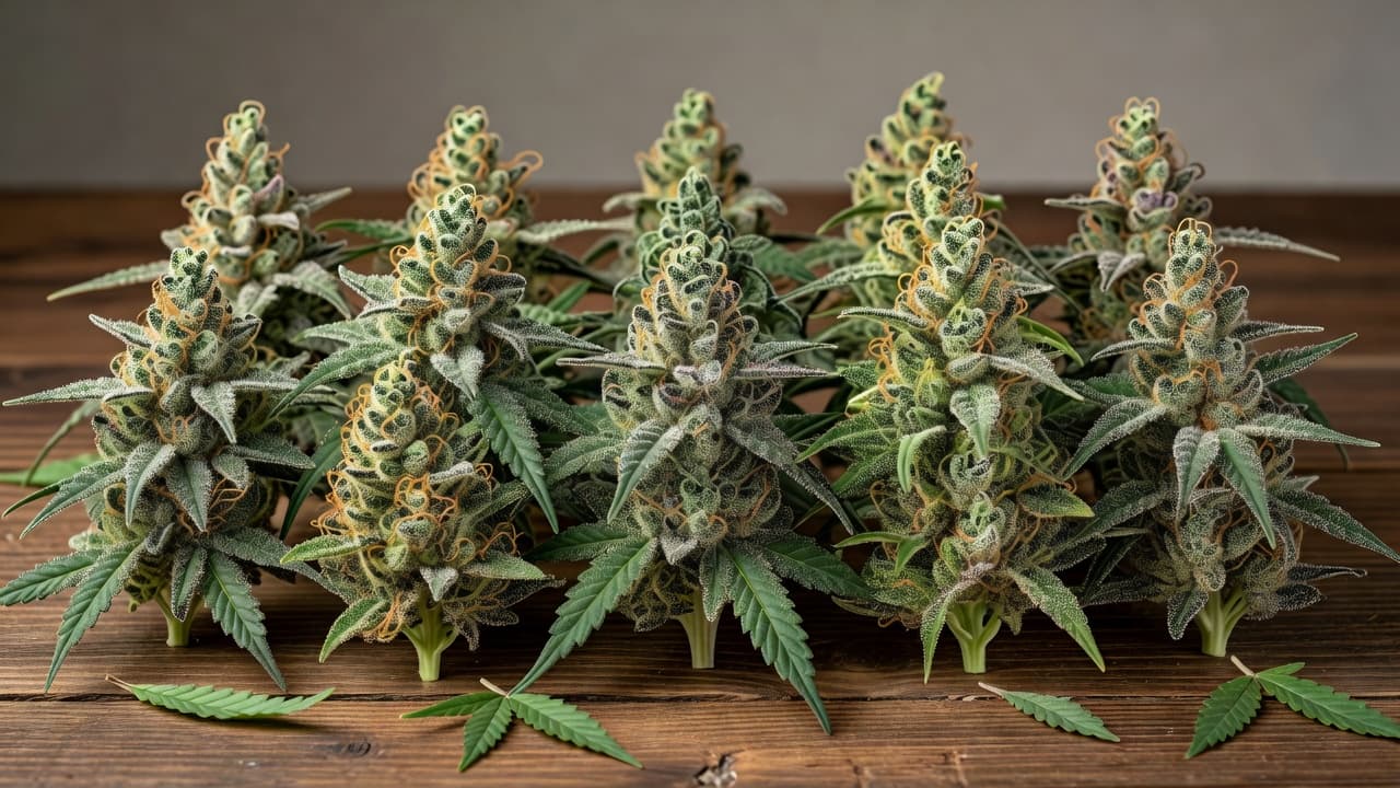 Several dense, resinous cannabis flowers with visible crystal trichomes rest on a polished dark mahogany surface. The studio lighting highlights the natural green and purple tones of the high-quality botanical specimens.