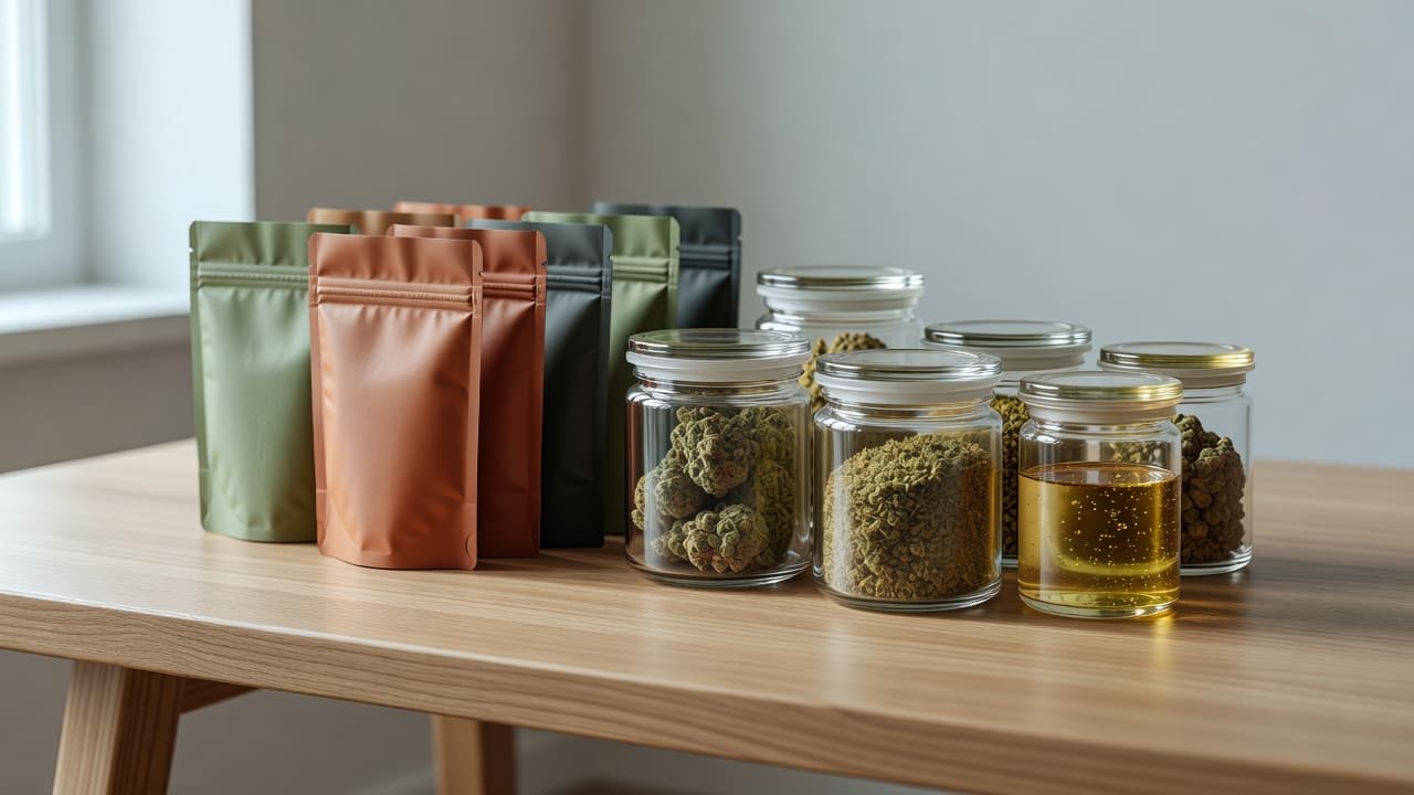 Various glass jars and high-quality product containers sit neatly arranged on a clean wooden table. Soft natural light highlights the rich textures of the packaging in this professional studio setup.
