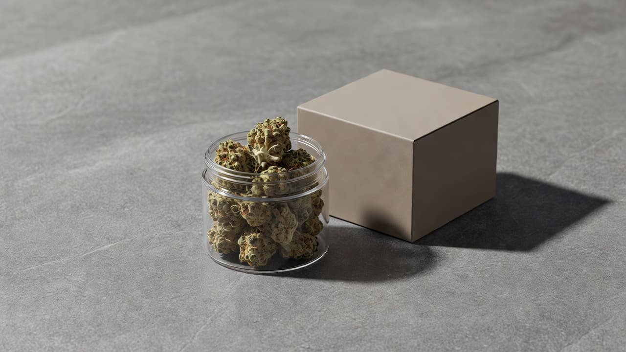 A sophisticated cannabis container sits on a textured matte grey stone surface under soft, natural daylight. The lighting highlights the product's clean edges while casting subtle, artistic shadows across the scene.