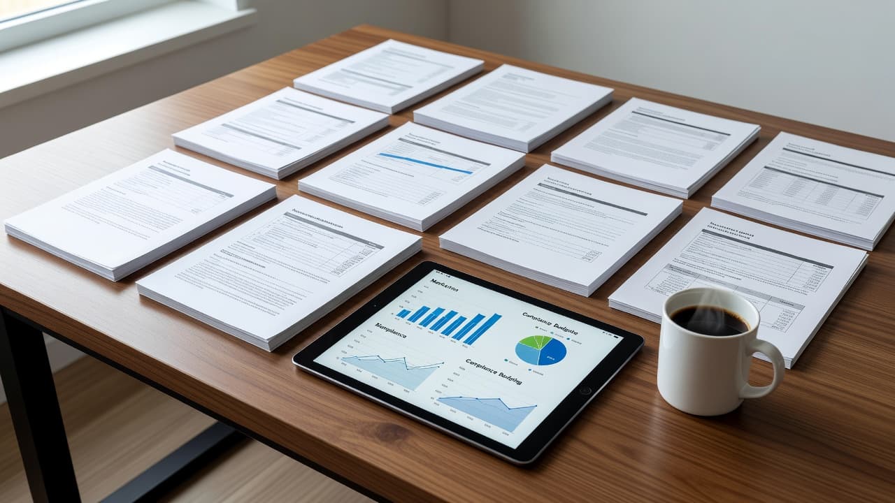 A dark wood surface displays neat stacks of legal paperwork alongside a high-end tablet and a steaming porcelain cup of coffee. The bright workspace environment promotes efficiency and professional organization.
