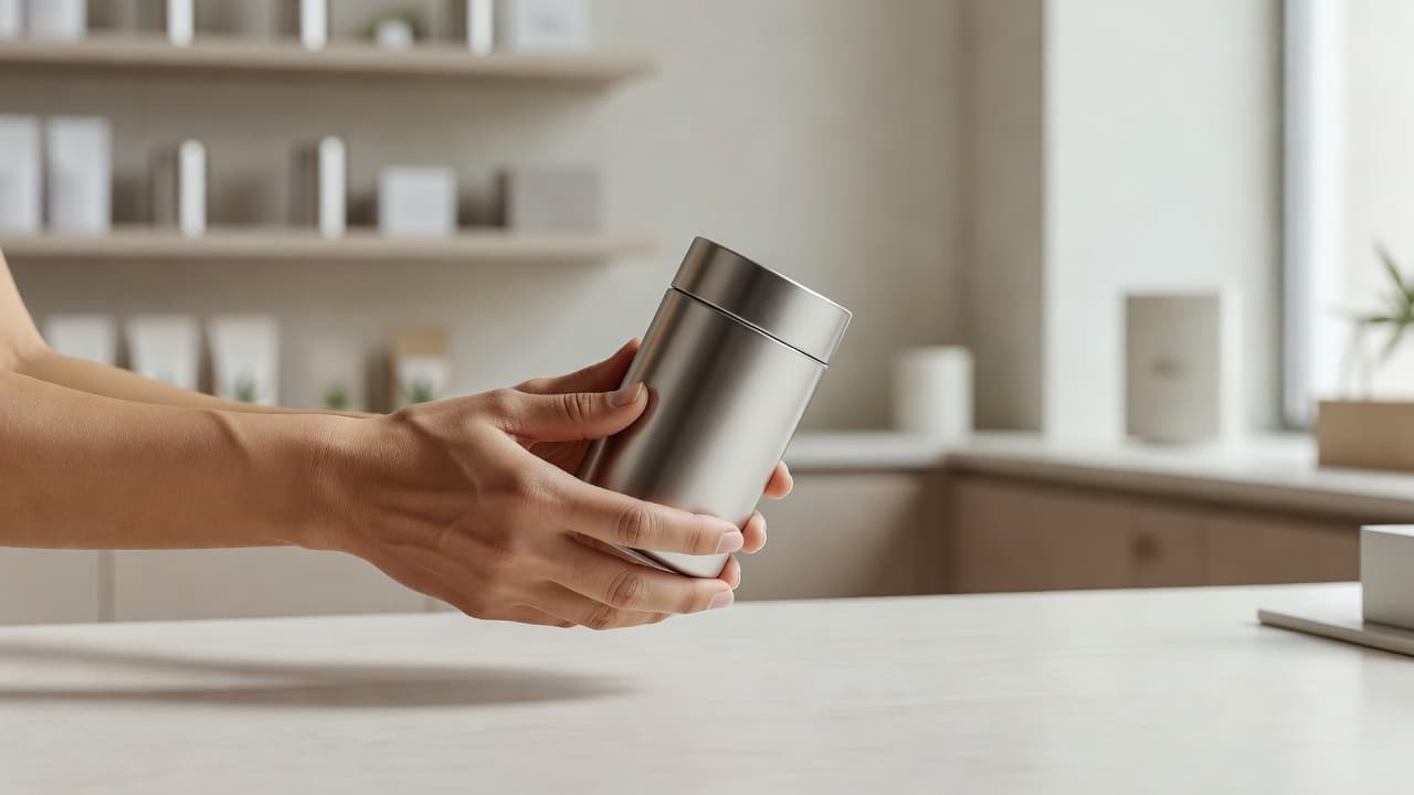 A person holds a sleek metallic canister designed for premium cannabis storage. The minimalist dispensary environment features clean surfaces and soft natural lighting that emphasizes the durable texture of the container.