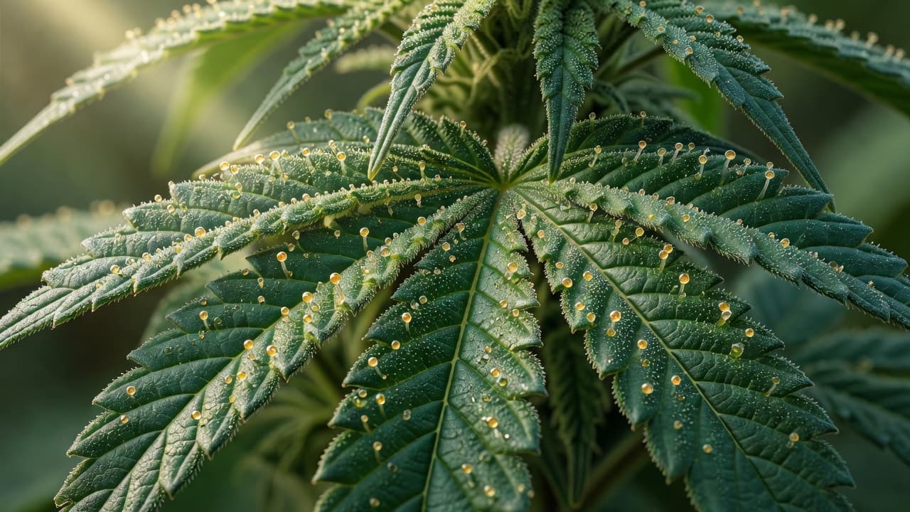 A close-up macro view reveals sticky, crystal-like trichomes covering the surface of a lush green leaf. Morning sunlight filters through the plant, highlighting the intricate glandular structures and complex leaf texture.