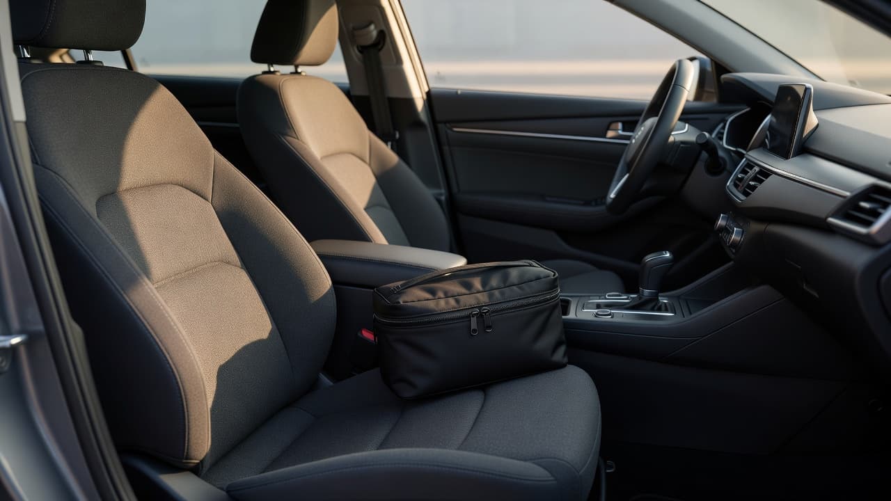A small minimalist bag sits securely on the leather passenger seat of a tidy car cabin. Soft cinematic lighting highlights the interior textures, conveying a sense of organization and safe travel.