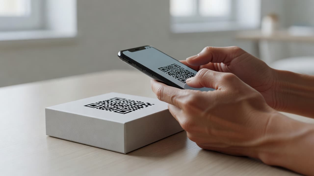 A close-up view shows a hand holding a smartphone over a sleek product box to scan a digital code. Soft sunlight illuminates the clean, modern interior space in the background.