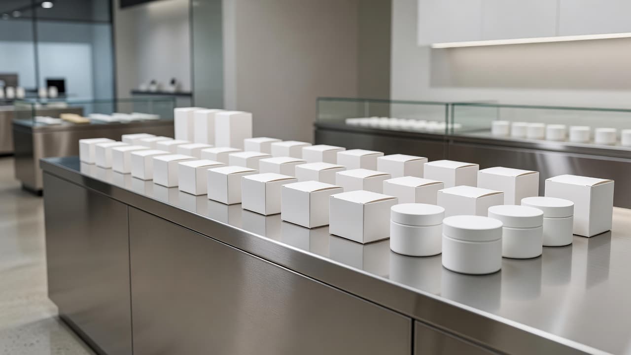 Clean white containers sit perfectly aligned on a reflective stainless steel surface inside a professional facility. Soft focus background elements create an elegant atmosphere typical of high-end cannabis retail spaces.