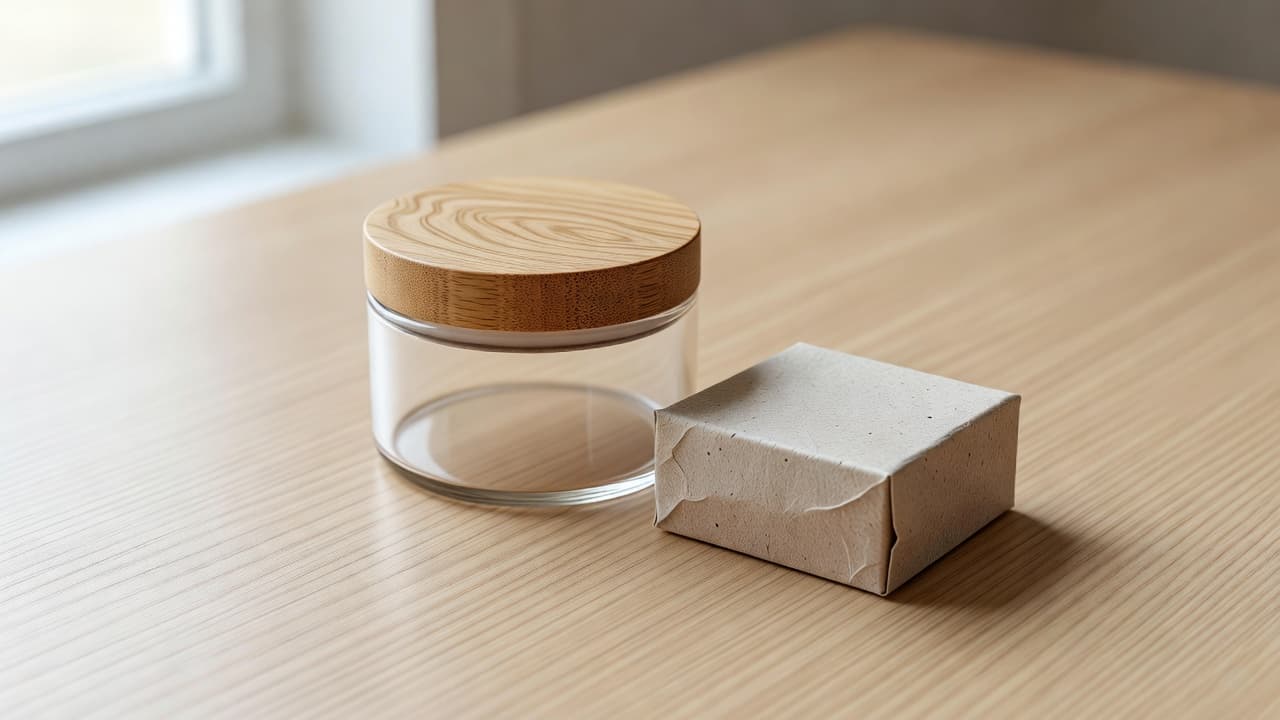 A glass storage jar featuring a smooth bamboo lid sits beside a small, eco-friendly recycled paper box on a light-grained wooden surface. Soft window light creates a clean, professional aesthetic.