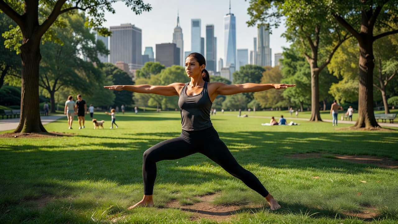A person practicing yoga on grass with a blurred New York City skyline in the background.